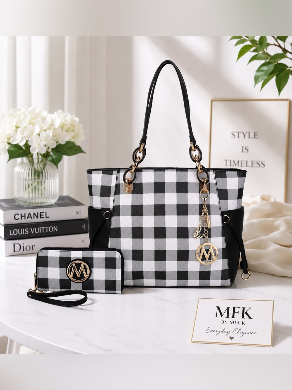 MFK Collection‎ by Mia K  Blue  and White Checkered Tote Bag with Wallet